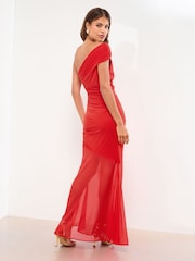 Lipsy Red Petite Slinky Trim Slash Neck Mesh Sheer Hem Maxi Dress - Image 4 of 4