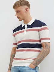 River Island Blue Mesh Stripe Polo Shirt - Image 1 of 4