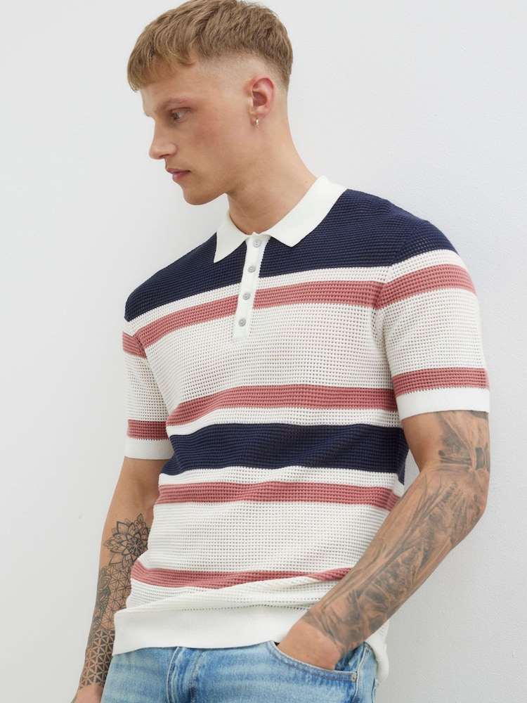 River Island Blue Mesh Stripe Polo Shirt - Image 1 of 4
