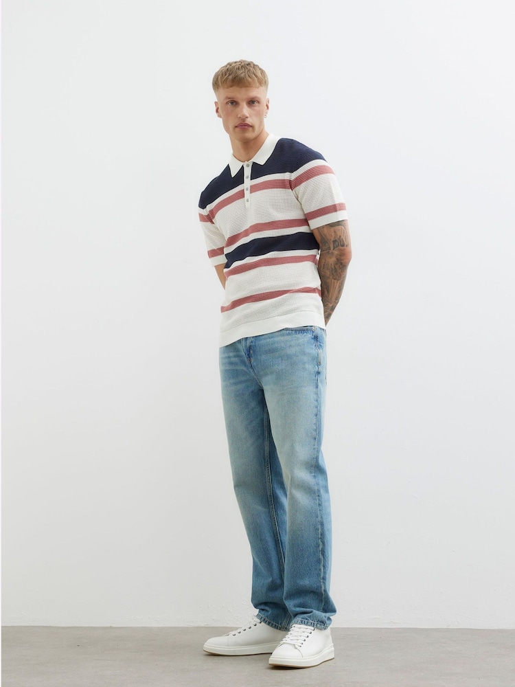 River Island Blue Mesh Stripe Polo Shirt - Image 2 of 4