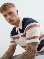 River Island Blue Mesh Stripe Polo Shirt - Image 3 of 4