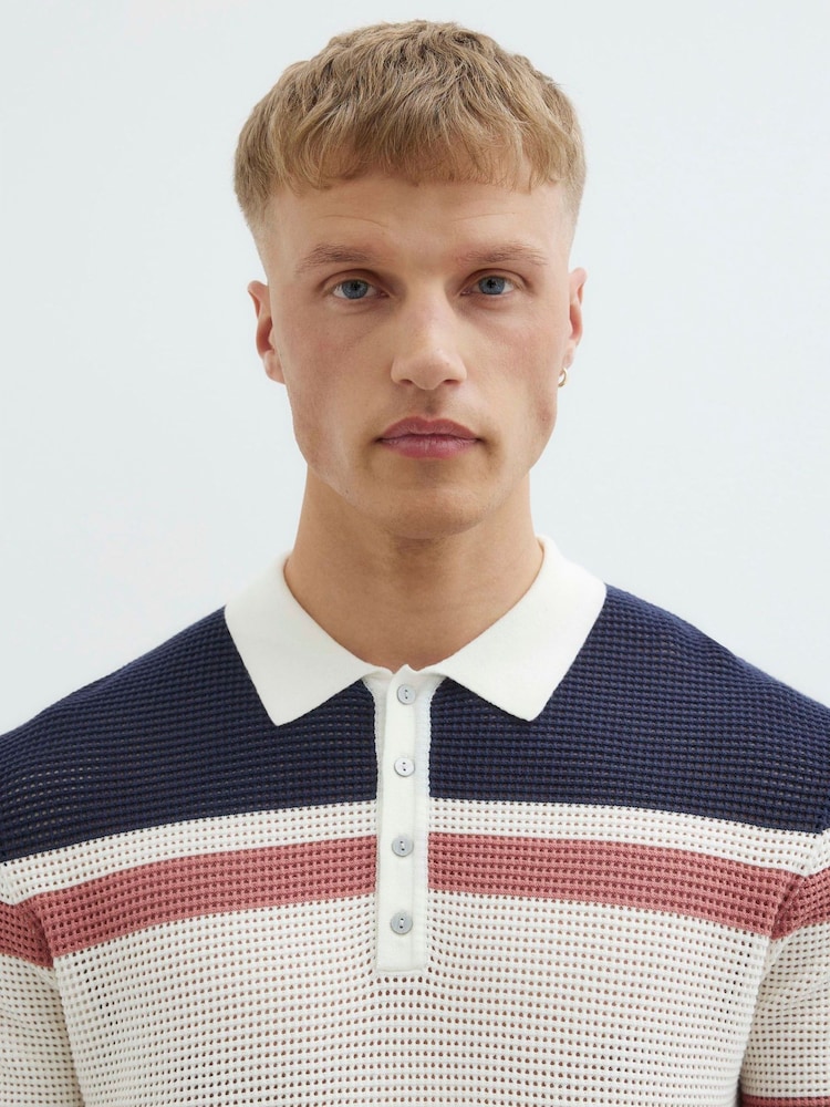 River Island Blue Mesh Stripe Polo Shirt - Image 4 of 4