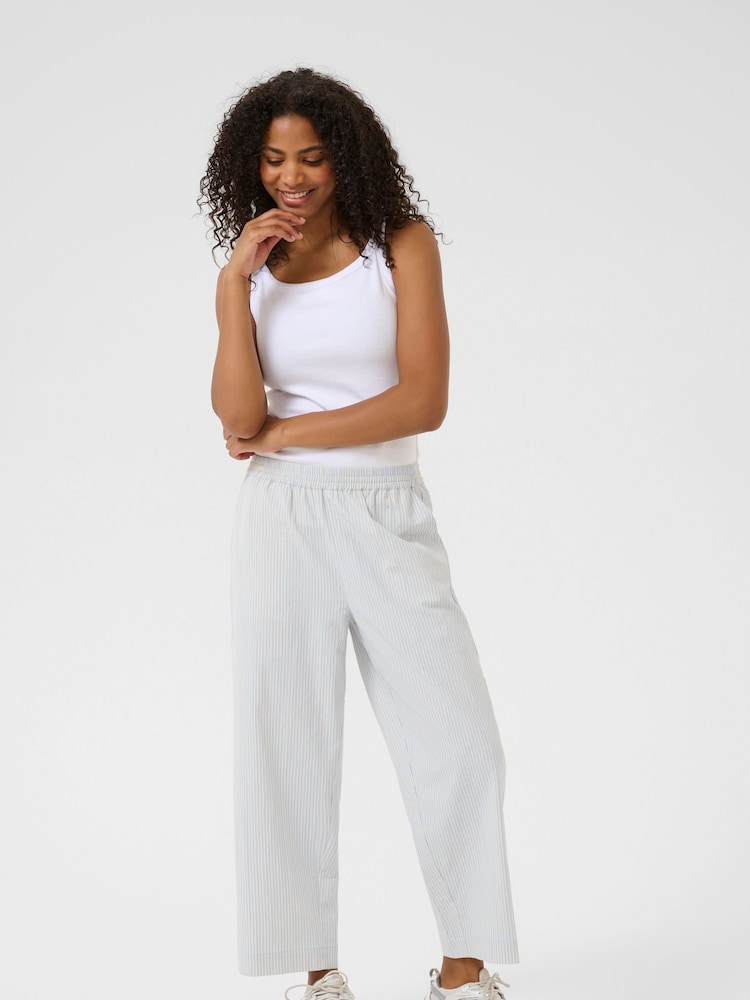 Kaffe Blue 100% Cotton KAnaya Striped Cropped Culotte Trousers - Image 2 of 6