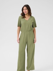 Kaffe Green KAmilia V-Neck Short Sleeve Jumpsuit - Image 1 of 4