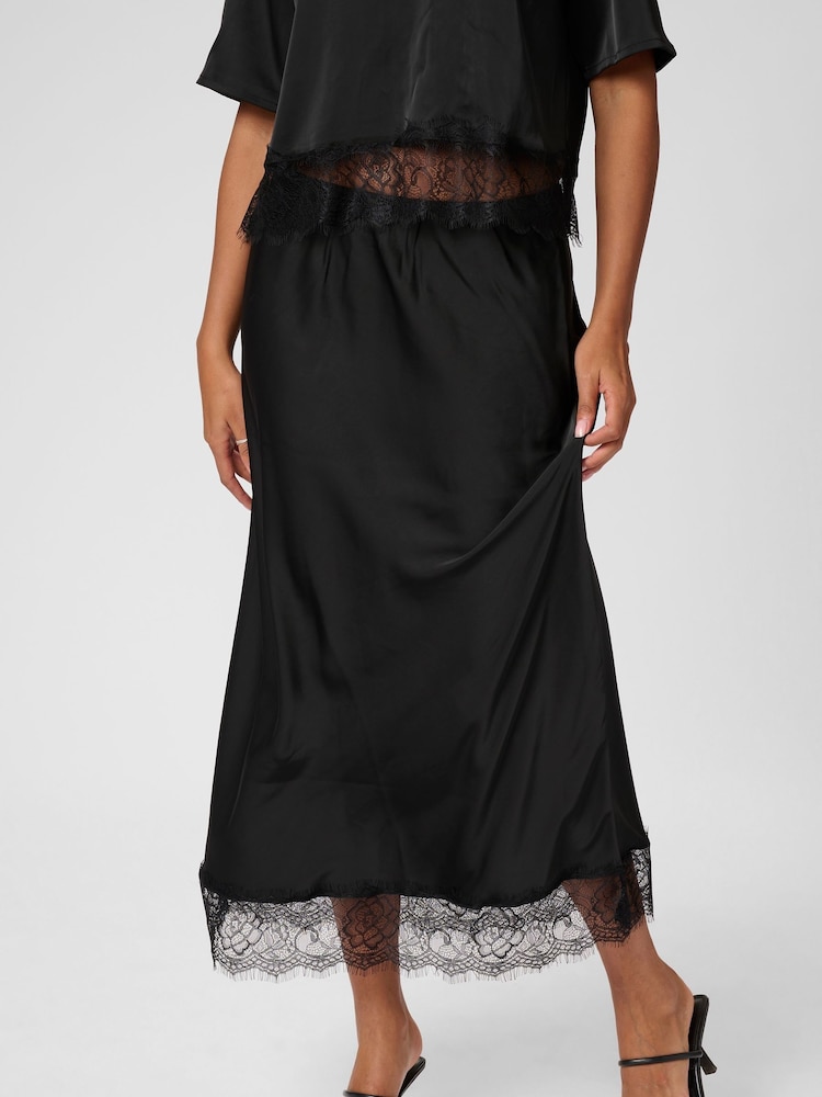Kaffe KAhilda Lace Trim Midi Black Skirt - Image 1 of 5