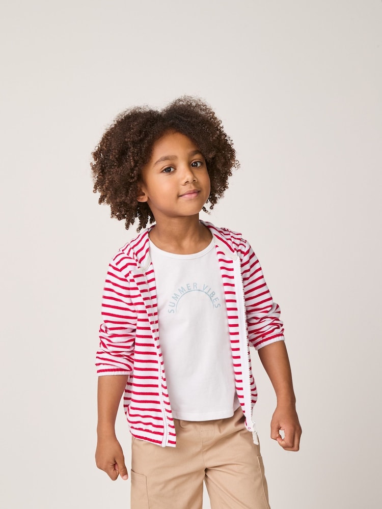 The White Company 100% Cotton Terry Stripe Zip Hoodie Sun White T-Shirt and Shorts Set - Image 2 of 9