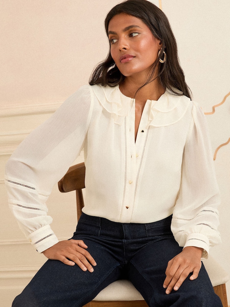 Love & Roses White Ecru Long Sleeve Frill Collar Blouse - Image 1 of 4