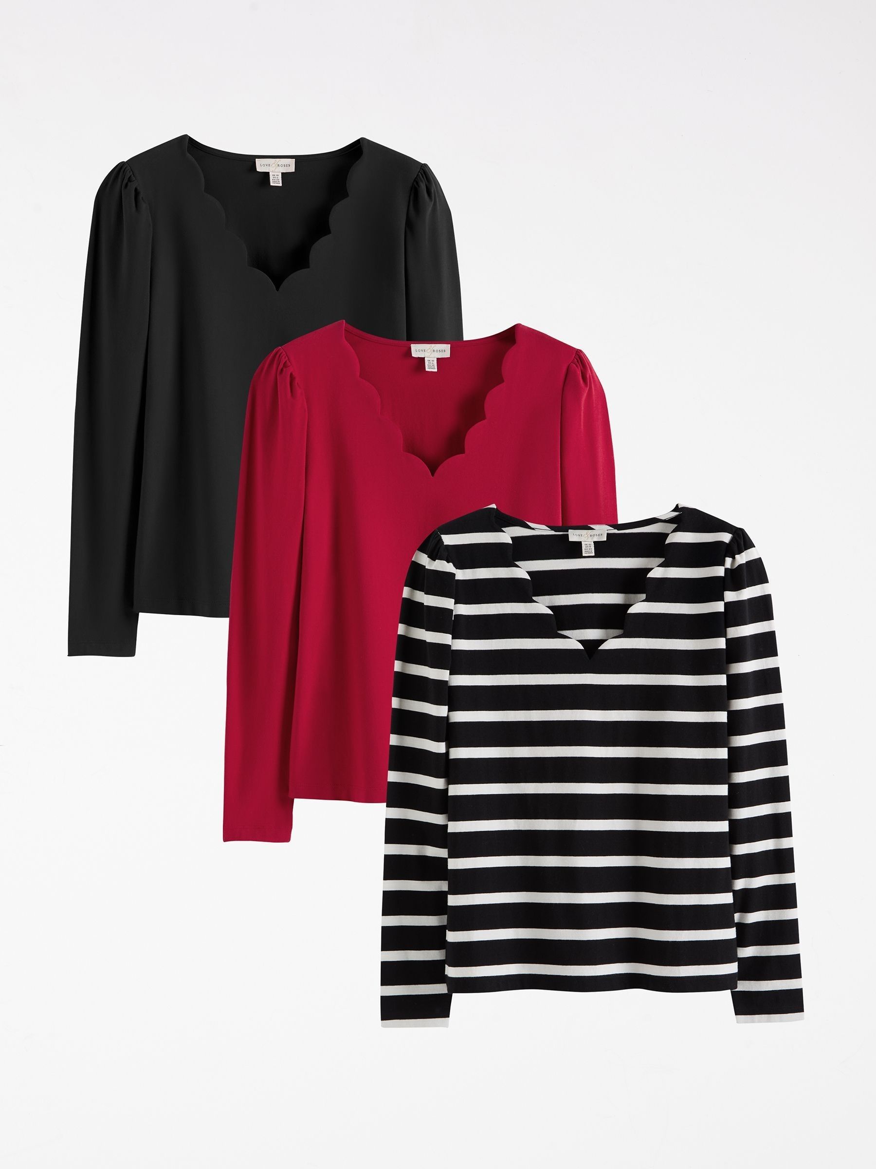 Buy Love & Roses Black White and Stripe Scallop V-Neck Long Sleeve