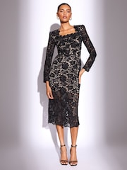Lipsy Black Petite Premium 3D Floral Print Lace Long Sleeve Bodycon Midi Dress - Image 1 of 4