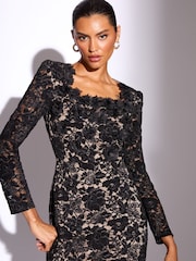 Lipsy Black Petite Premium 3D Floral Print Lace Long Sleeve Bodycon Midi Dress - Image 3 of 4