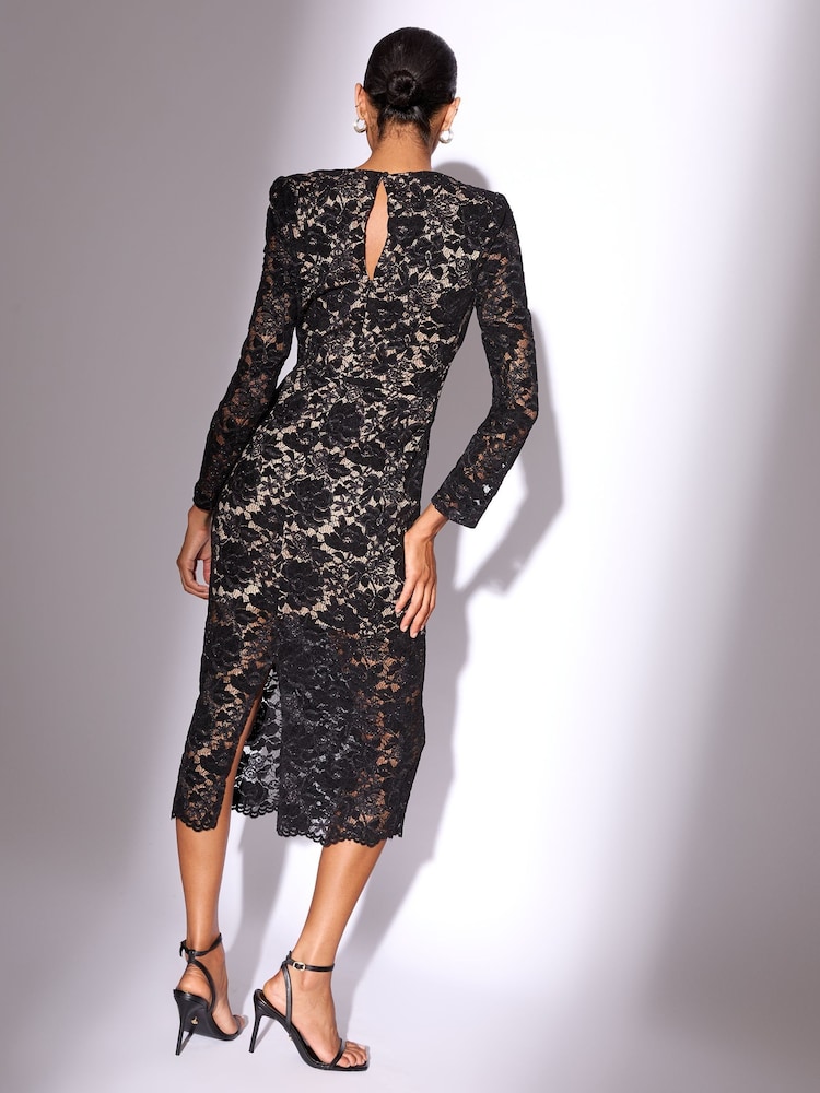 Lipsy Black Petite Premium 3D Floral Print Lace Long Sleeve Bodycon Midi Dress - Image 4 of 4