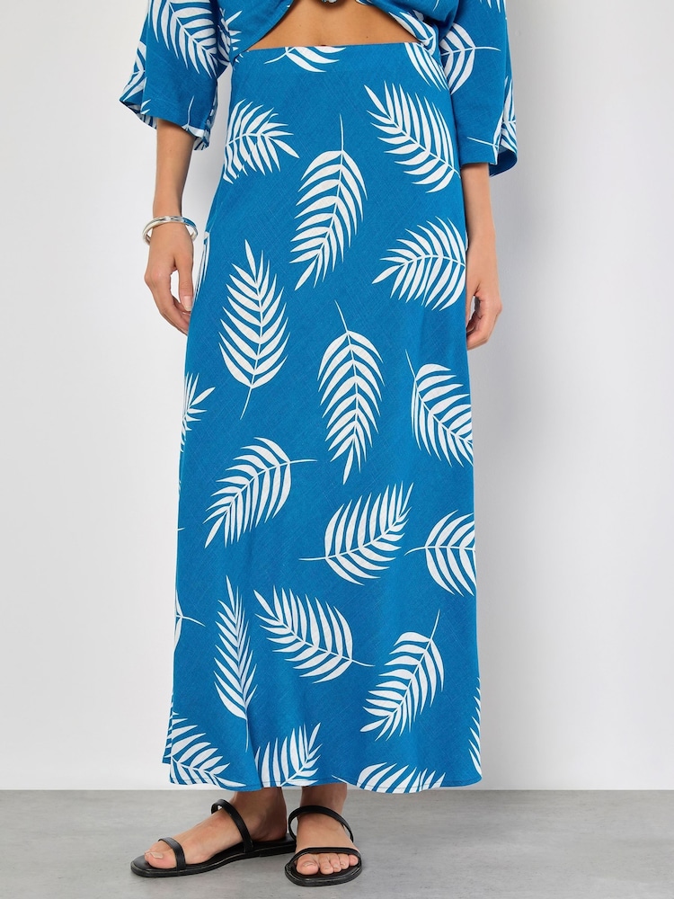 Apricot Blue Bias Cut Mono Palm Leaf Skirt - Image 1 of 5