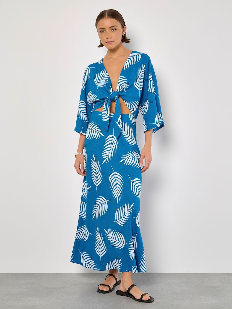 Apricot Blue Bias Cut Mono Palm Leaf Skirt - Image 2 of 5