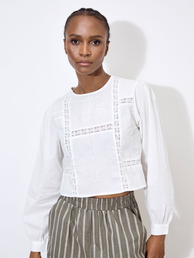 Apricot White Lace Panel and Embroidered 100% Cotton Top - Image 1 of 4