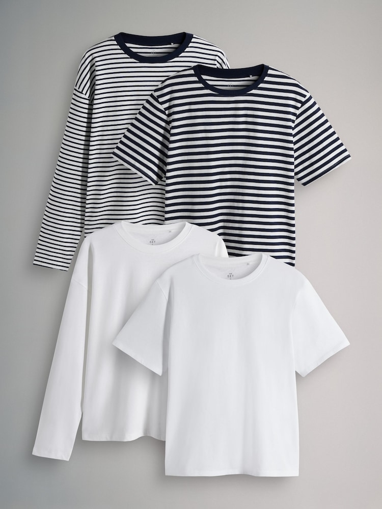 The Set Navy Stripe/White 4 Pack Long Sleeve Relaxed and Short Sleeve Relaxed T-Shirts - Image 1 of 7