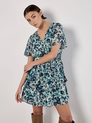 Apricot Blue Blurred Floral Print Angel Sleeve Dress - Image 1 of 3