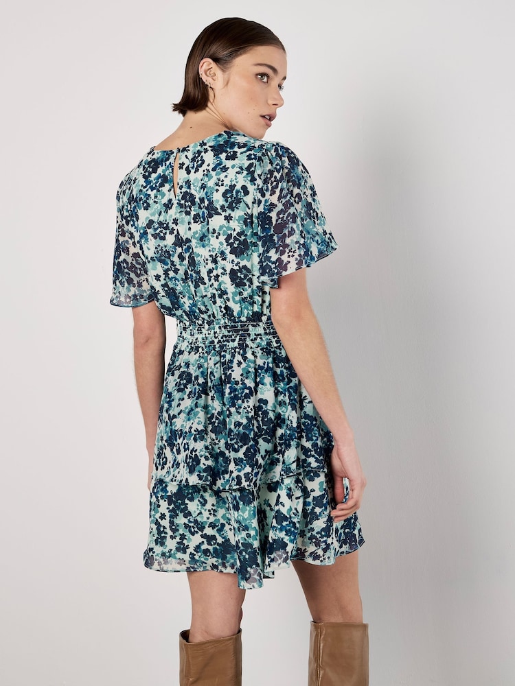 Apricot Blue Blurred Floral Print Angel Sleeve Dress - Image 2 of 3