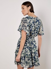 Apricot Blue Blurred Floral Print Angel Sleeve Dress - Image 1 of 4