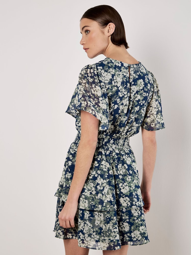 Apricot Blue Blurred Floral Print Angel Sleeve Dress - Image 1 of 4