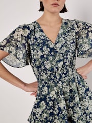 Apricot Blue Blurred Floral Print Angel Sleeve Dress - Image 2 of 4
