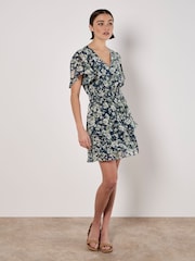 Apricot Blue Blurred Floral Print Angel Sleeve Dress - Image 3 of 4