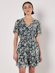 Apricot Blue Blurred Floral Print Angel Sleeve Dress - Image 4 of 4