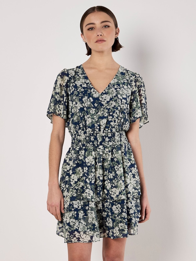 Apricot Blue Blurred Floral Print Angel Sleeve Dress - Image 4 of 4