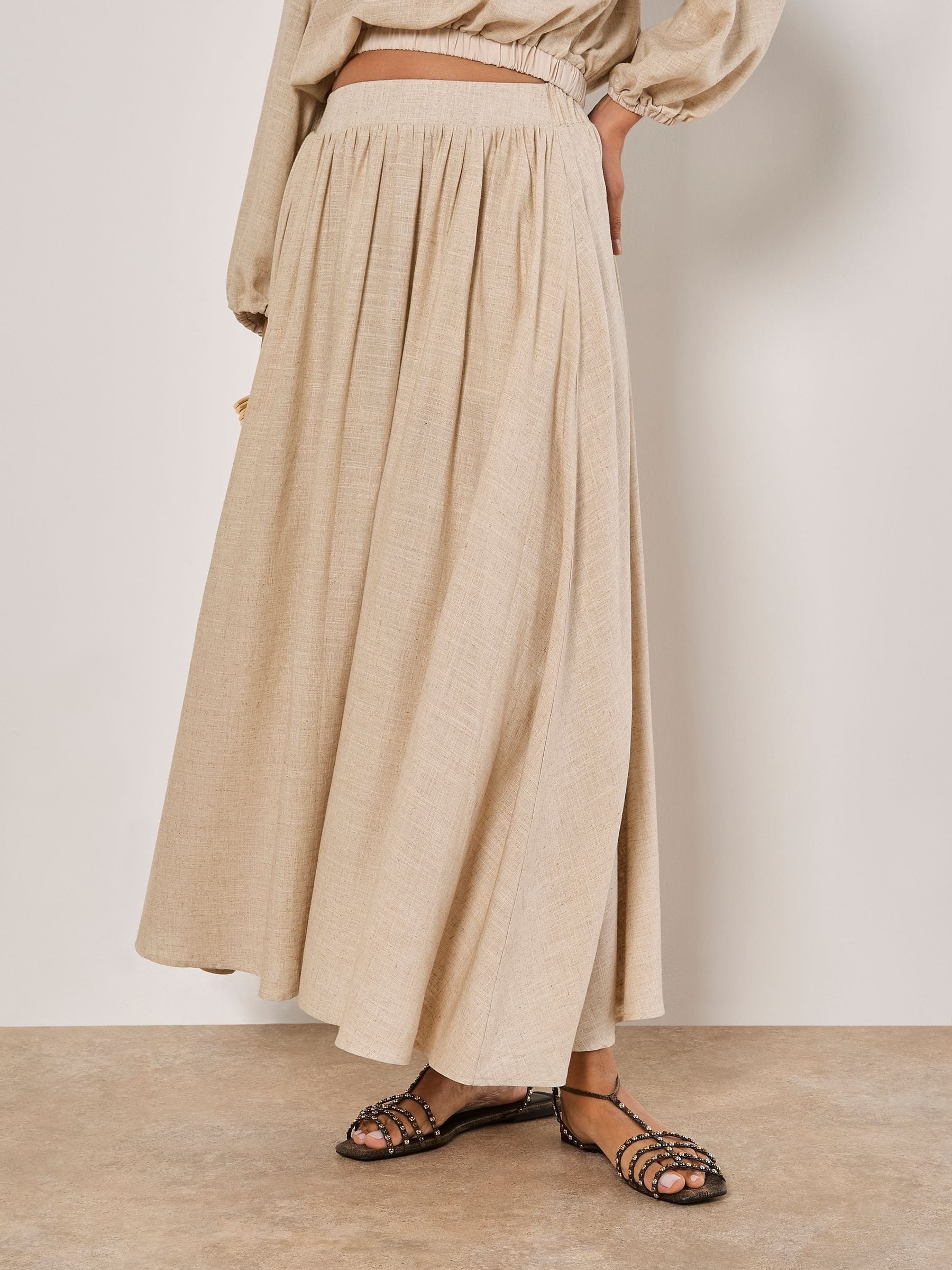 Apricot Natural Linen Pleated Full Midi Skirt