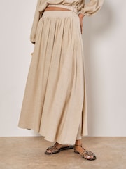 Apricot Natural Linen Pleated Full Midi Skirt - Image 1 of 4