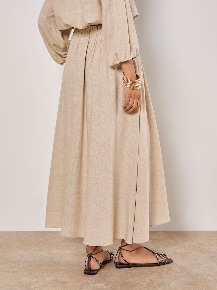 Apricot Natural Linen Pleated Full Midi Skirt - Image 2 of 4
