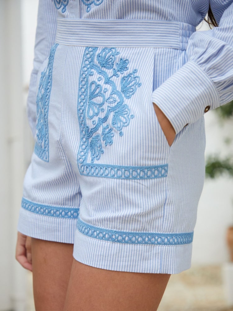 Another Sunday Blue Stripe Embroidered 100% Cotton Pull On Shorts - Image 3 of 4