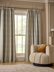 Duck Egg Blue/Gold Jacquard Pencil Pleat Lined Curtains - Image 1 of 7