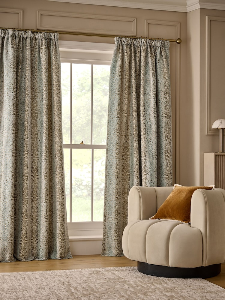 Duck Egg Blue/Gold Jacquard Pencil Pleat Lined Curtains - Image 1 of 7