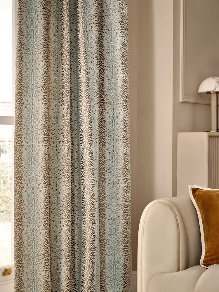 Duck Egg Blue/Gold Jacquard Pencil Pleat Lined Curtains - Image 2 of 7