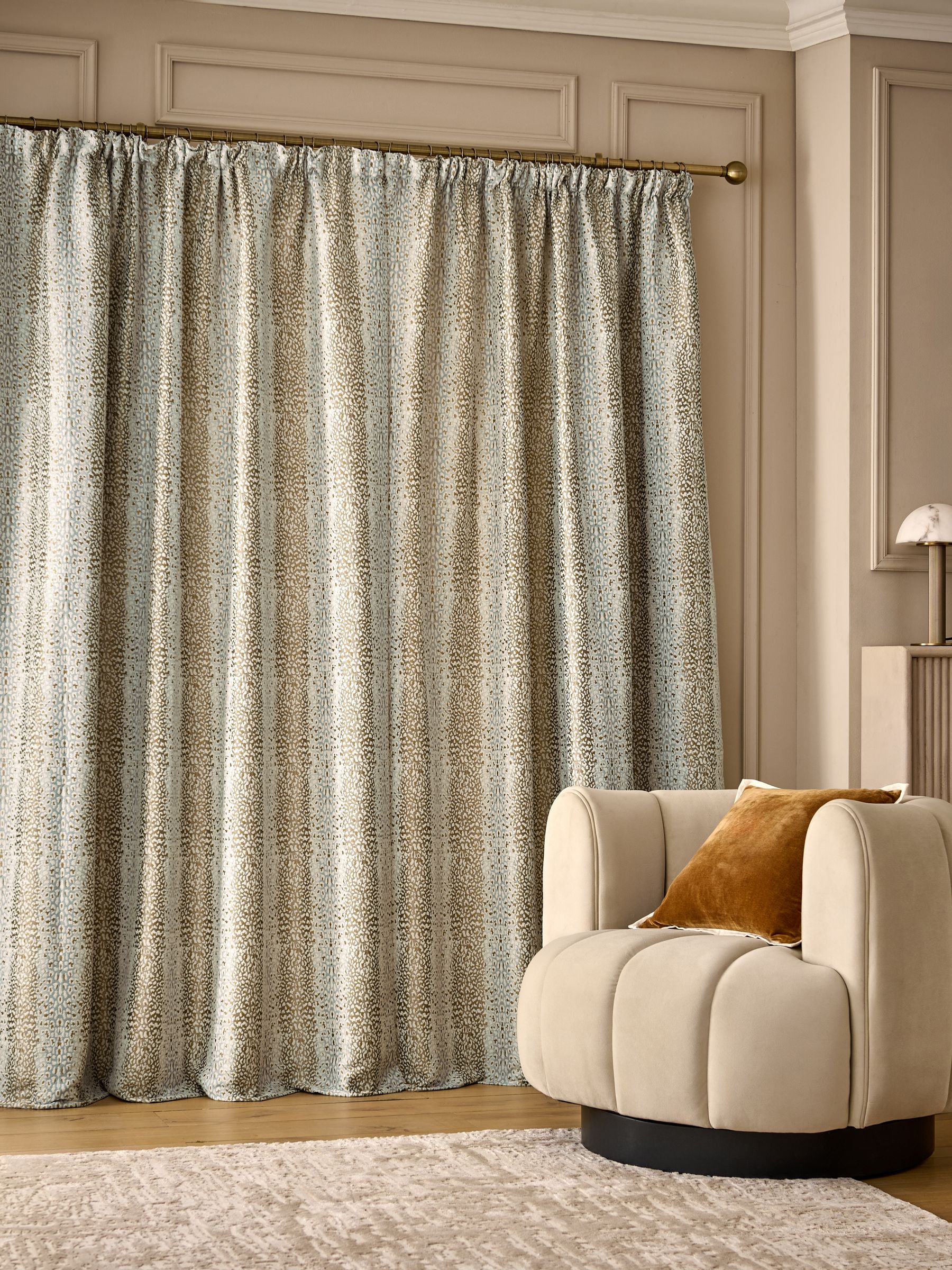 Buy Duck Egg Blue/Gold Jacquard Pencil Pleat Lined Curtains from the ...