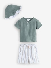 The White Company Green Cotton Crinkle Polo Top and Stripe Shorts Set - Image 1 of 1