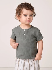 The White Company Green Cotton Crinkle Polo Top and Stripe Shorts Set - Image 2 of 5