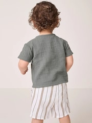 The White Company Green Cotton Crinkle Polo Top and Stripe Shorts Set - Image 3 of 5