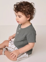 The White Company Green Cotton Crinkle Polo Top and Stripe Shorts Set - Image 4 of 5