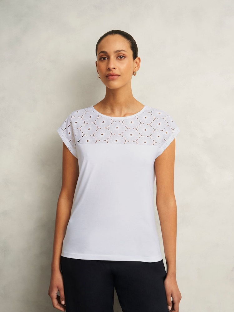 Hobbs White Thea Broderie 100% Cotton Top - Image 1 of 4 Hobbs White Thea Broderie 100% Cotton Top - Image 1 of 4