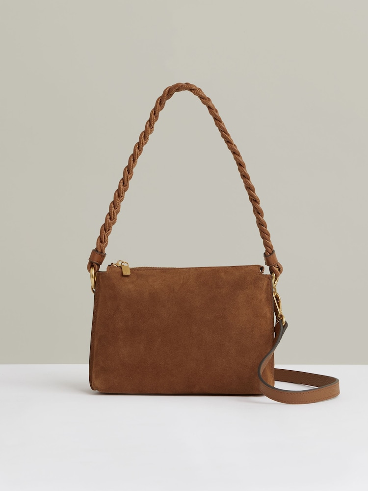 Reiss Tan Paige Suede Plaited-Strap Cross-Body Bag - Image 1 of 5
