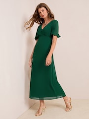 Friends Like These Green Chiffon Angel Sleeve V-Neck Button Midi Dress - Image 3 of 4