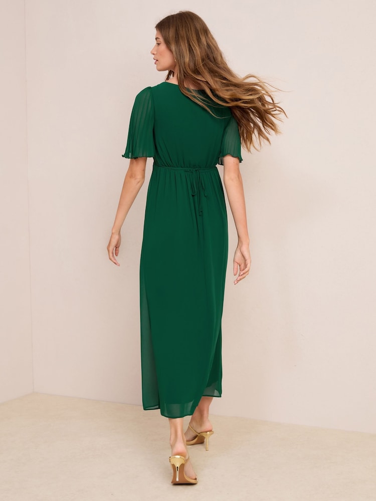 Friends Like These Green Chiffon Angel Sleeve V-Neck Button Midi Dress - Image 4 of 4