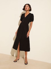 Friends Like These Black Textured Jersey Puff Sleeve V-Neck Button Midi Dress - Image 1 of 4