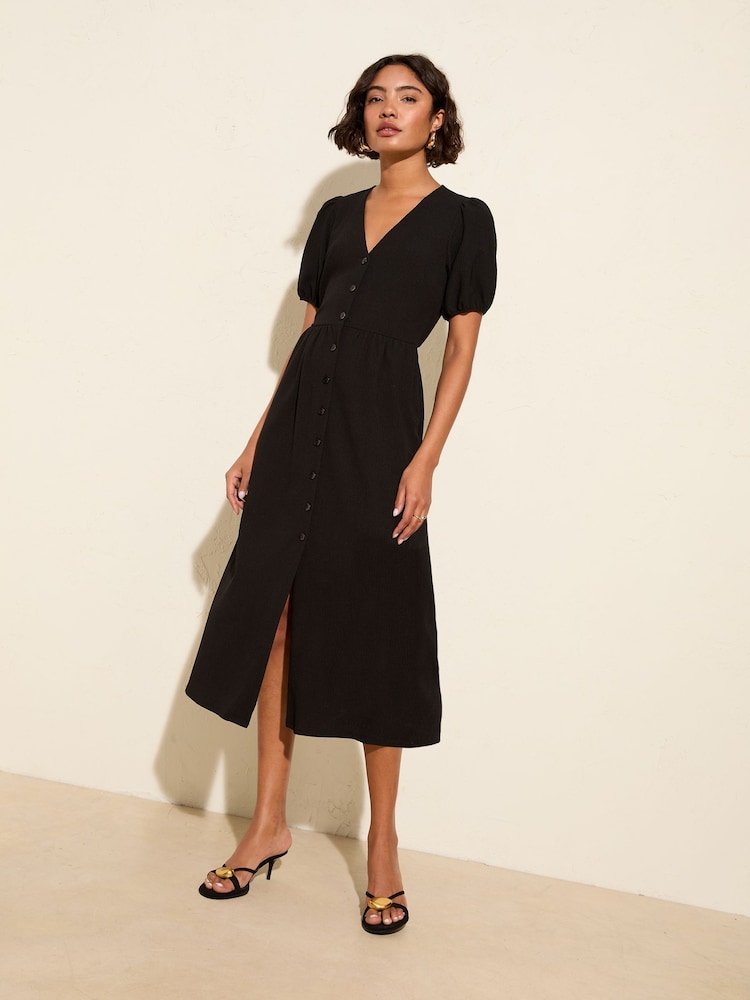Friends Like These Black Textured Jersey Puff Sleeve V-Neck Button Midi Dress - Image 1 of 4