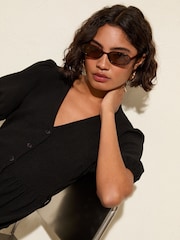 Friends Like These Black Textured Jersey Puff Sleeve V-Neck Button Midi Dress - Image 2 of 4