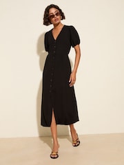 Friends Like These Black Textured Jersey Puff Sleeve V-Neck Button Midi Dress - Image 3 of 4