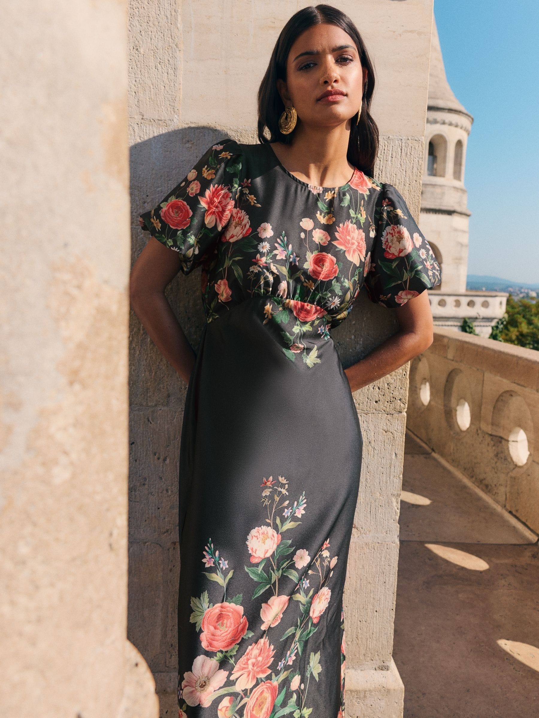Buy Friends Like These Black Floral Print Satin Puff Sleeve Scoop