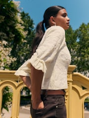 Friends Like These Ivory Volume Sleeve Floral Print Jacquard Top - Image 2 of 5