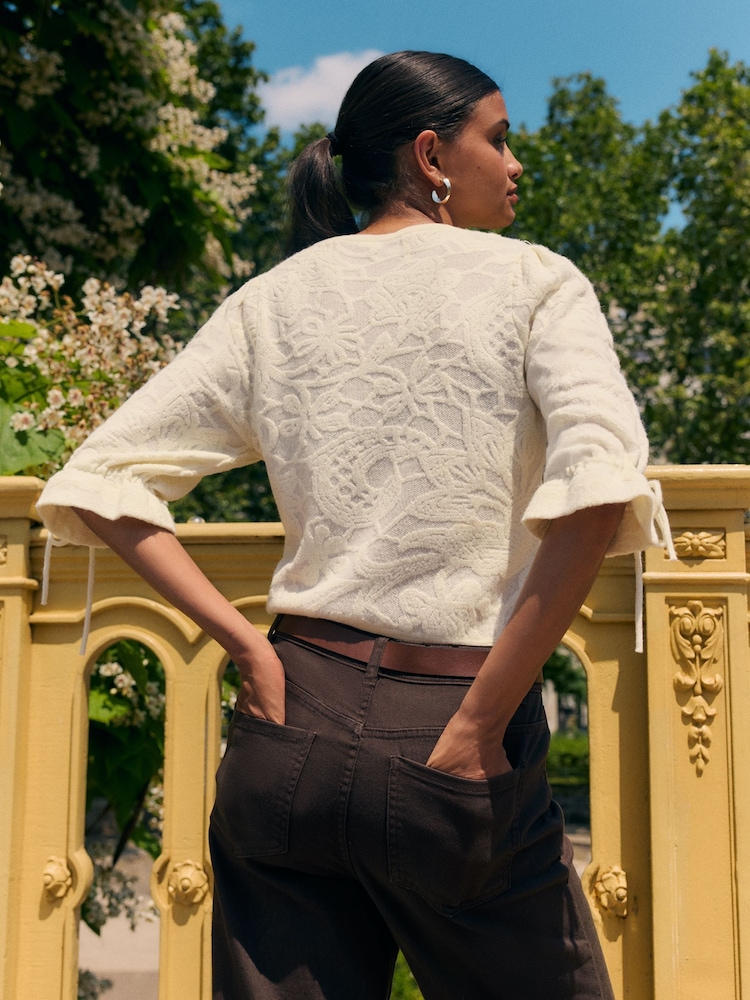 Friends Like These Ivory Volume Sleeve Floral Print Jacquard Top - Image 5 of 5
